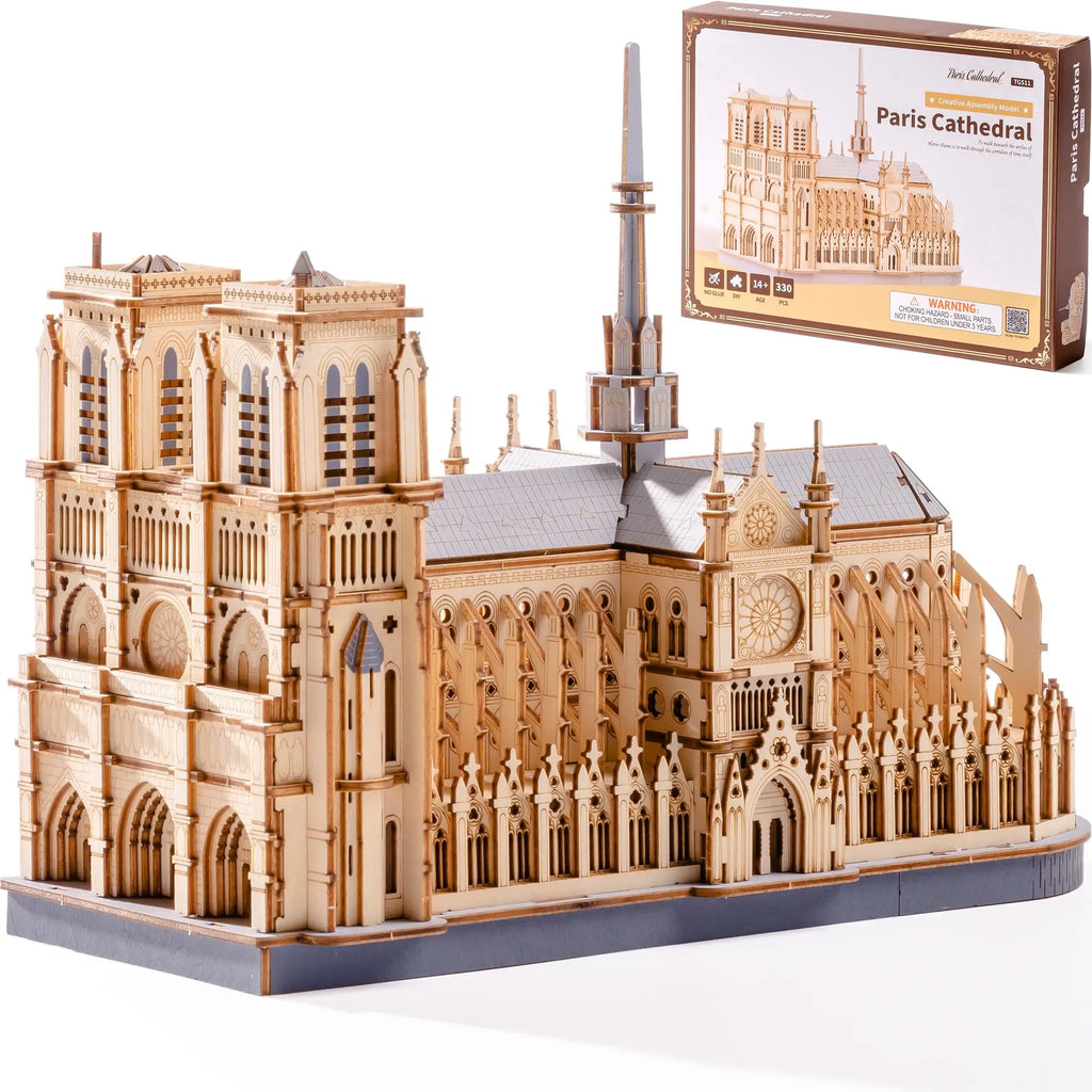 3D wooden Paris cathedral puzzle, laser-cut landmark model kit for adults