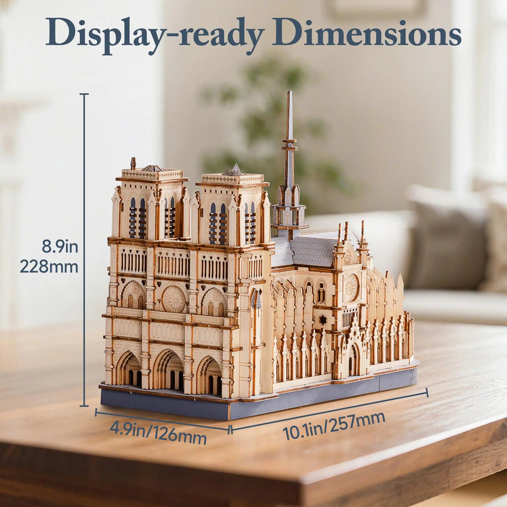 3D wooden Paris cathedral puzzle, laser-cut landmark model kit for adults