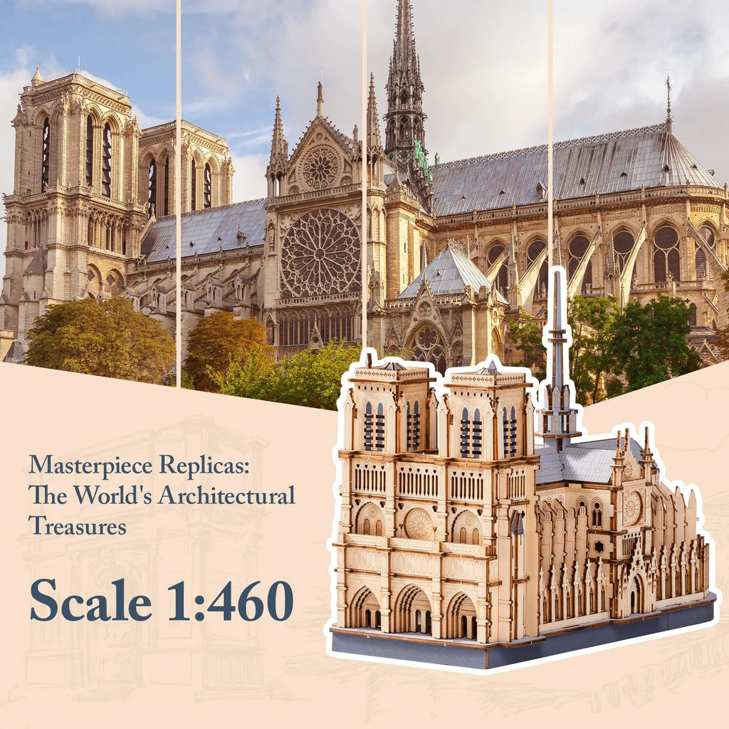 3D wooden Paris cathedral puzzle, laser-cut landmark model kit for adults