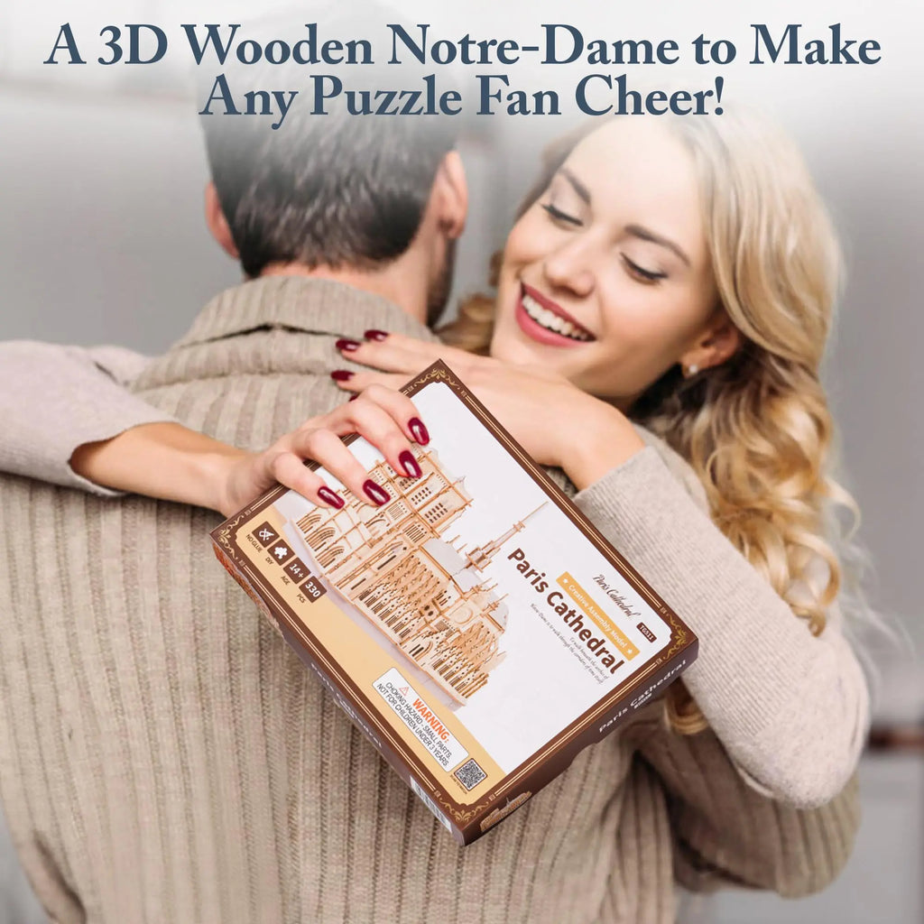 3D wooden Paris cathedral puzzle, laser-cut landmark model kit for adults