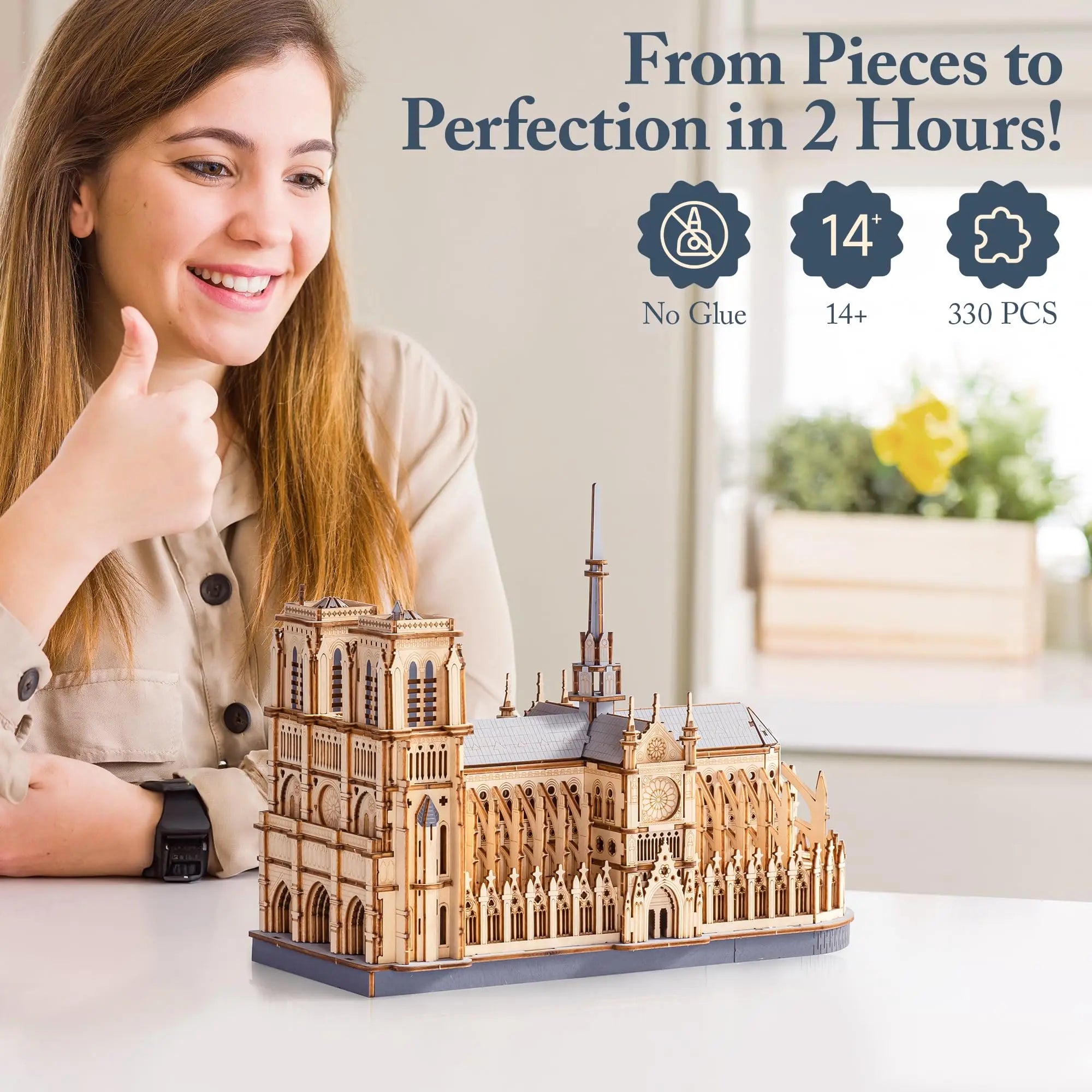 3D wooden Paris cathedral puzzle, laser-cut landmark model kit for adults