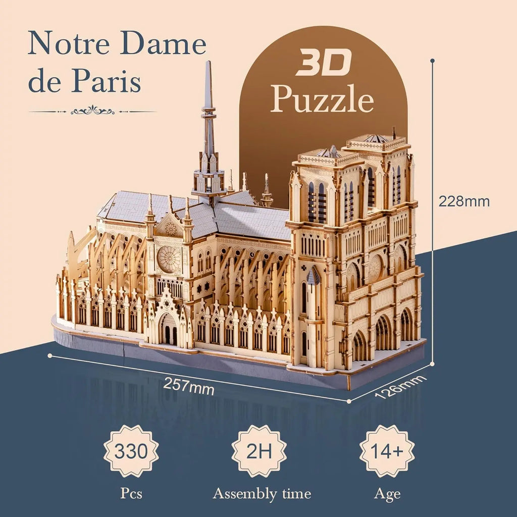 Paris cathedral 3D wooden puzzle landmark model kit, DIY architectural display for adults