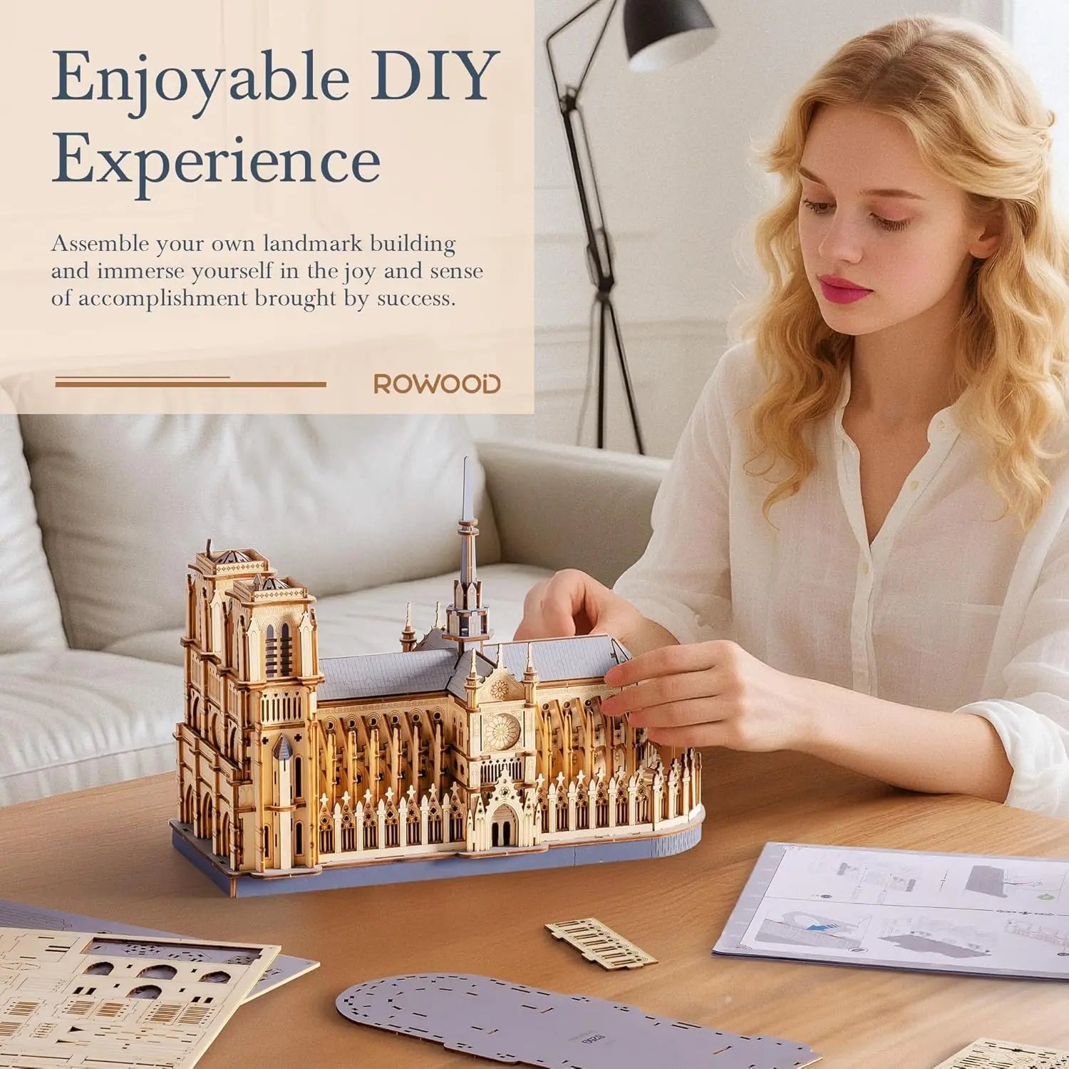 Paris cathedral 3D wooden puzzle landmark model kit, DIY architectural display for adults