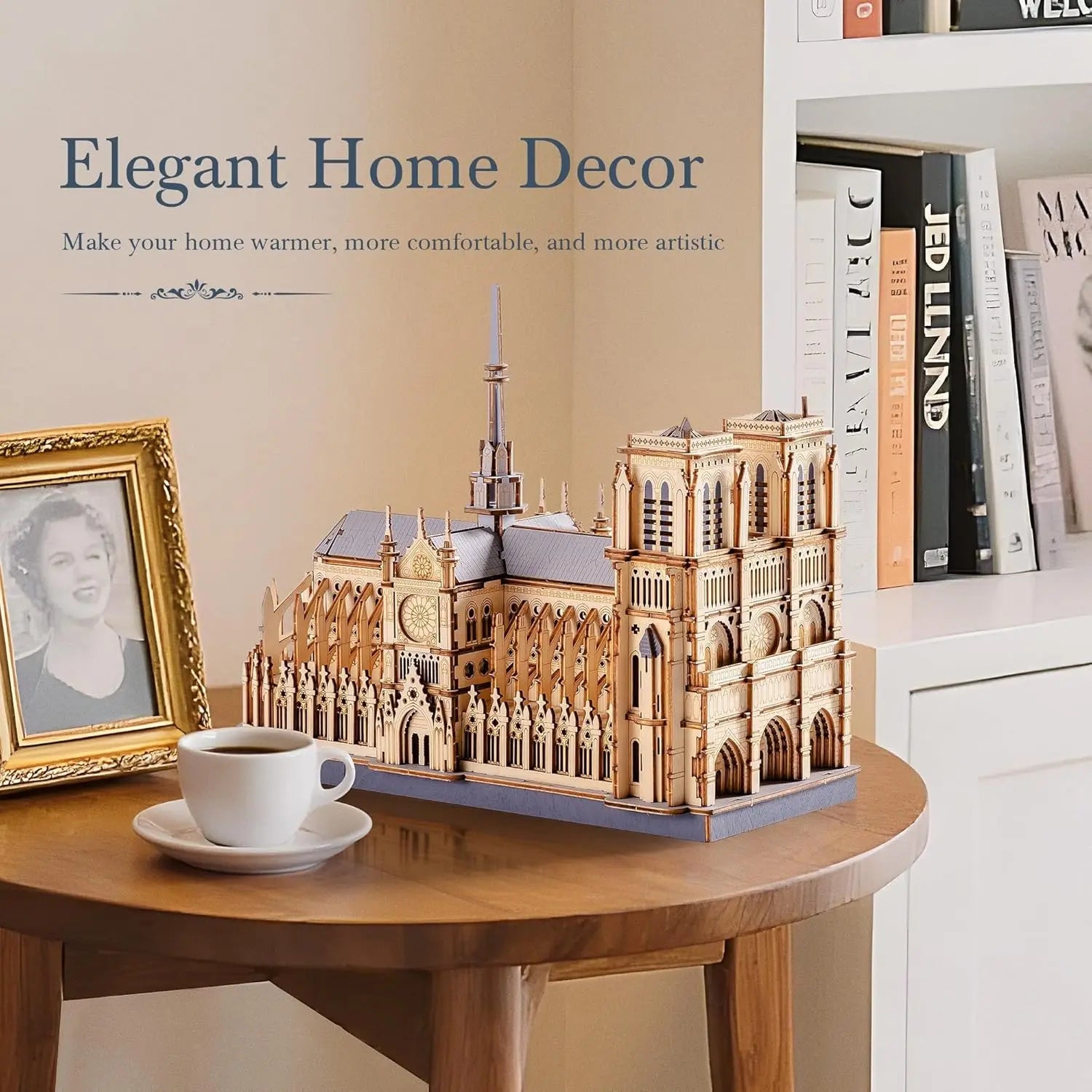 Paris cathedral 3D wooden puzzle landmark model kit, DIY architectural display for adults