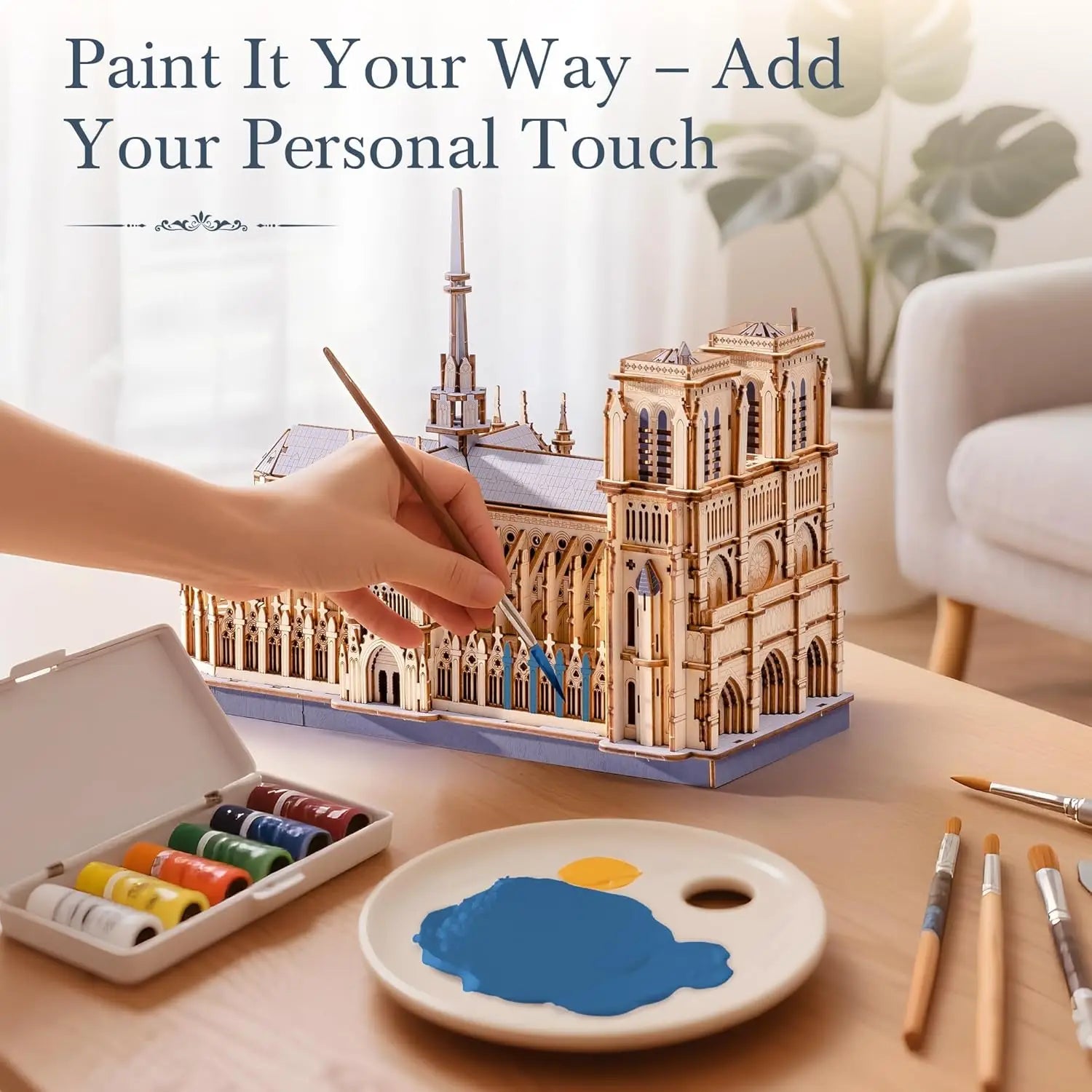 Paris cathedral 3D wooden puzzle landmark model kit, DIY architectural display for adults