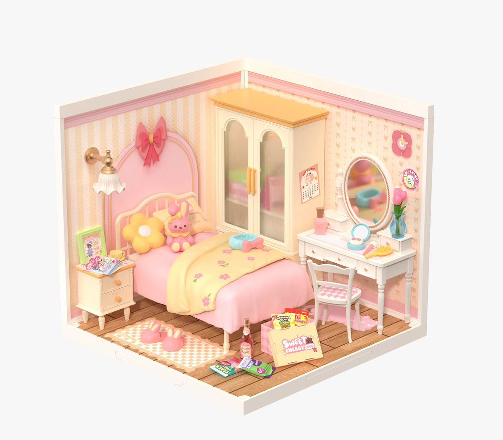 Pink bedroom miniature house DIY building kit, 1:24 scale model with furniture for display