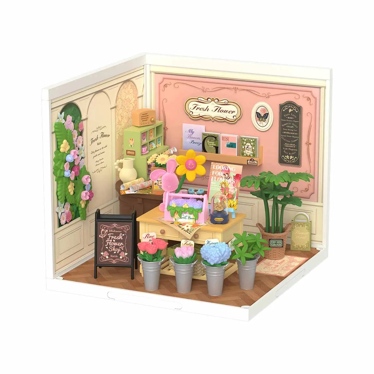 Pink bedroom miniature house DIY building kit, 1:24 scale model with furniture for display