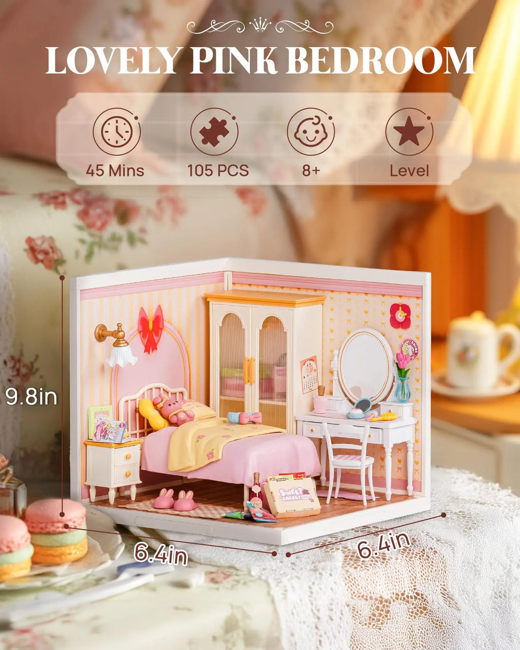 Pink bedroom miniature house DIY building kit, 1:24 scale model with furniture for display
