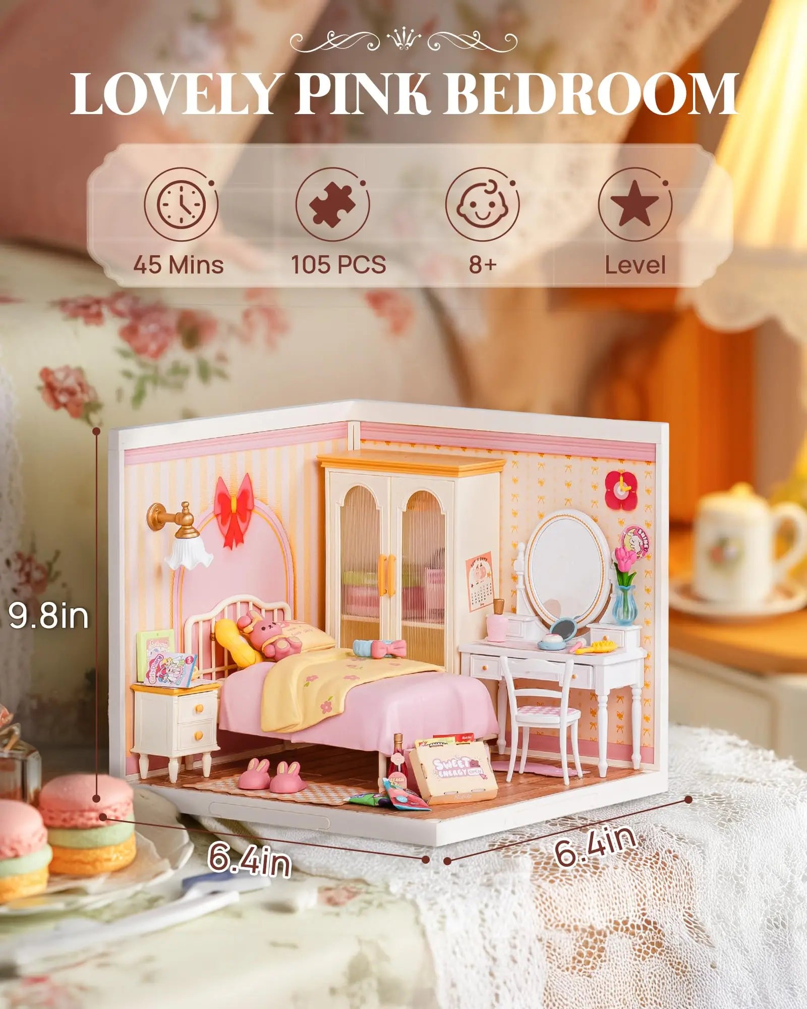 Pink bedroom miniature house DIY building kit, 1:24 scale model with furniture for display
