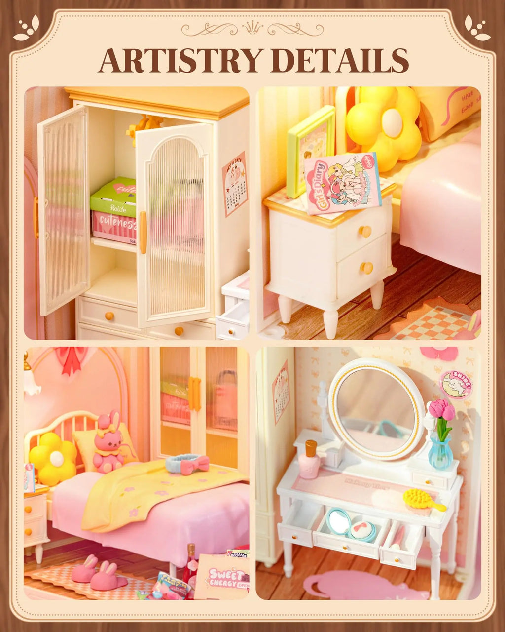 Pink bedroom miniature house DIY building kit, 1:24 scale model with furniture for display