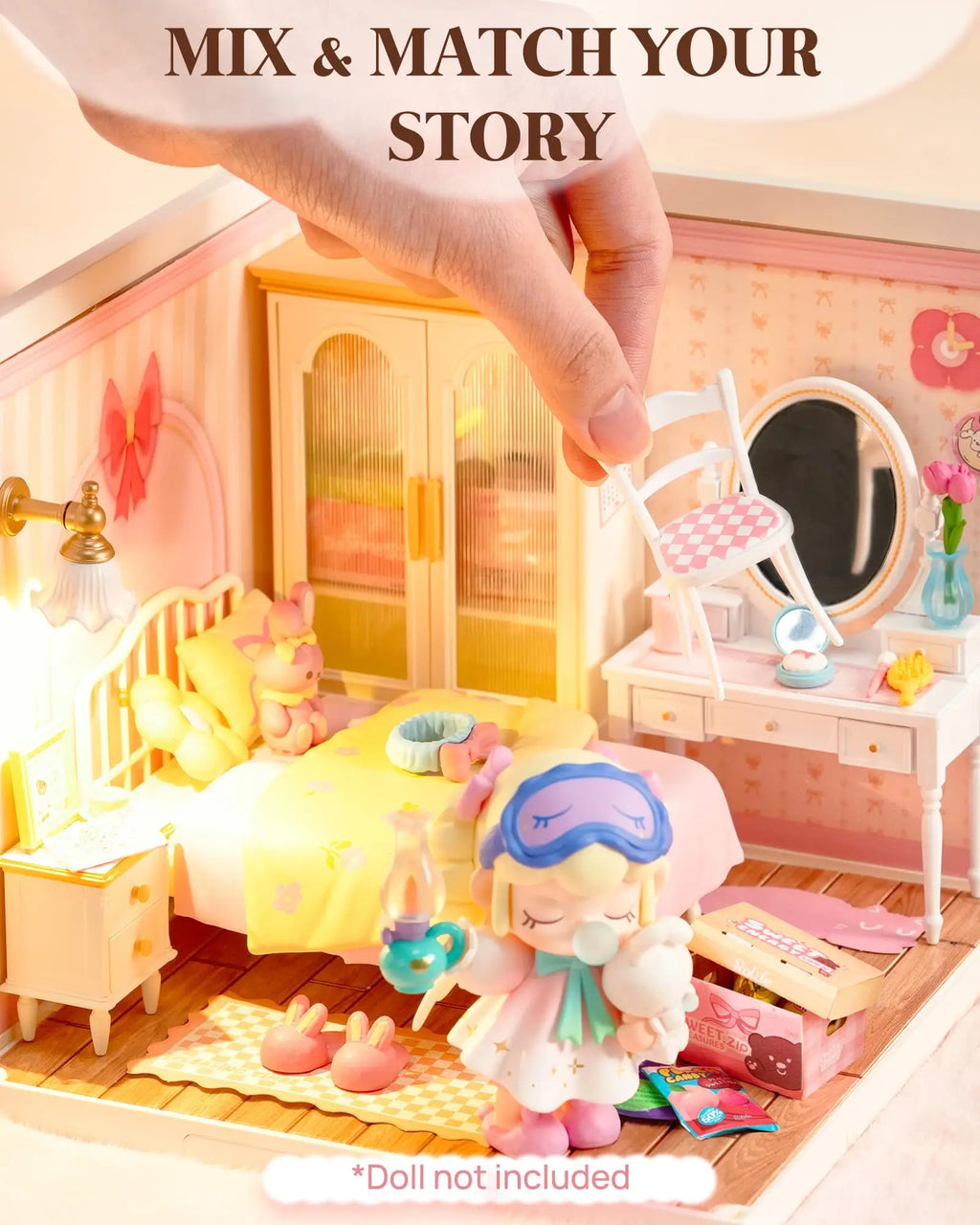 Pink bedroom miniature house DIY building kit, 1:24 scale model with furniture for display