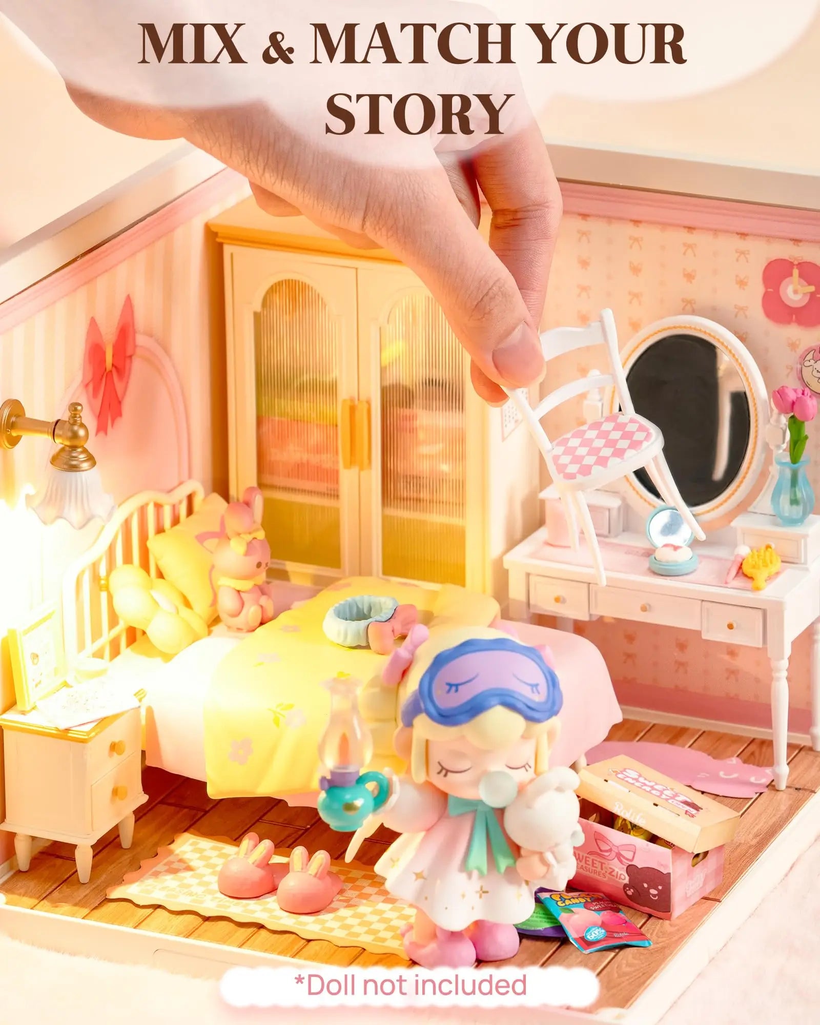 Pink bedroom miniature house DIY building kit, 1:24 scale model with furniture for display