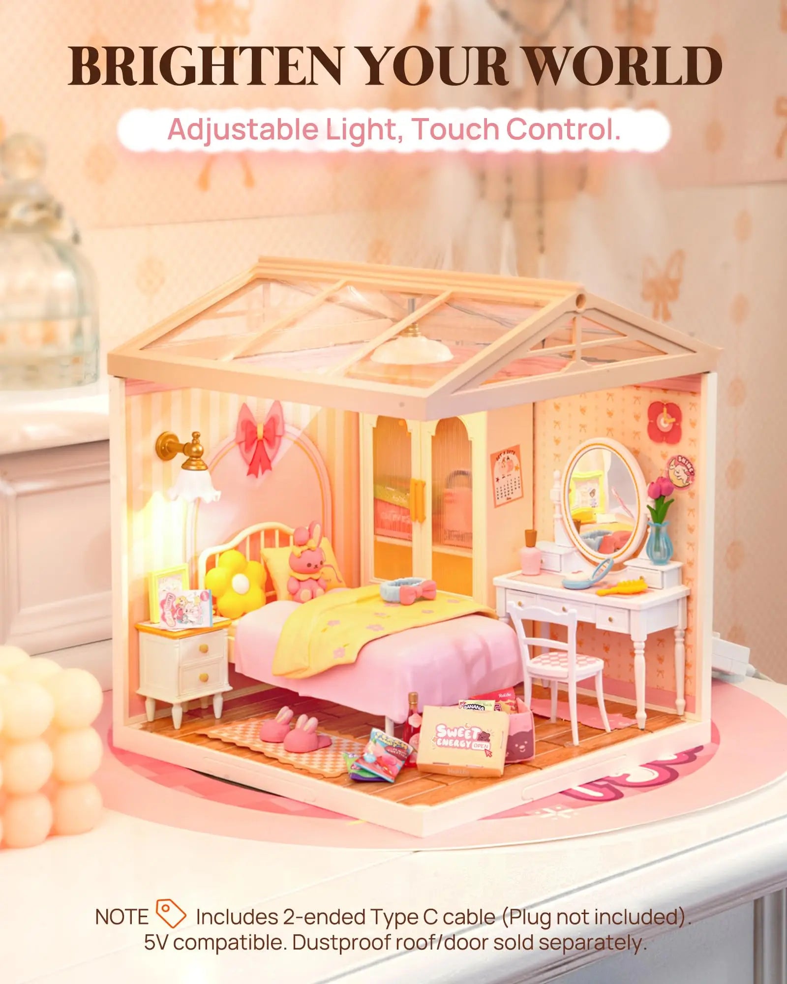 Pink bedroom miniature house DIY building kit, 1:24 scale model with furniture for display