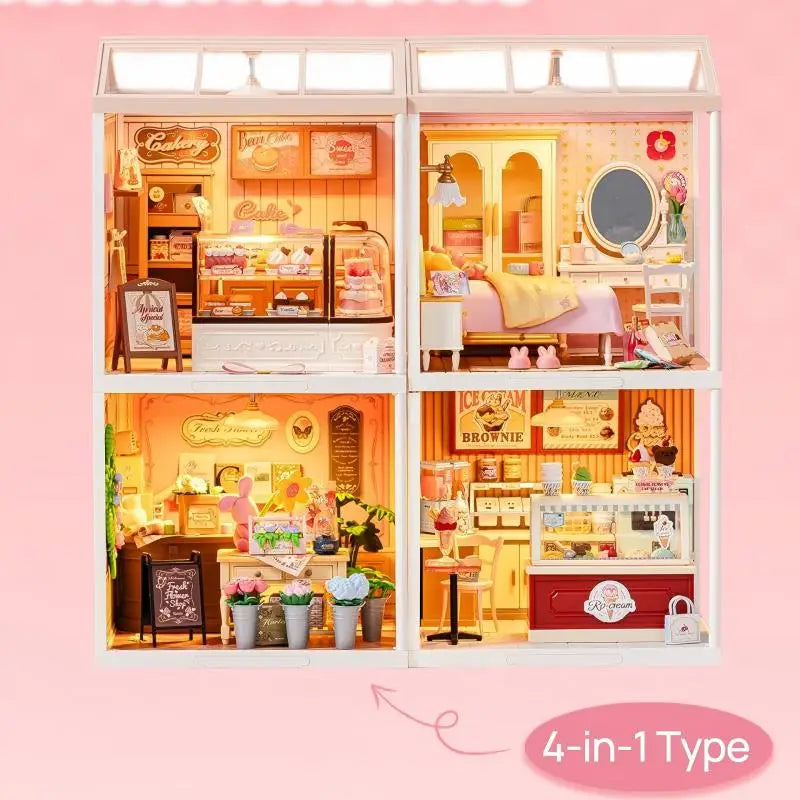Pink bedroom miniature house DIY building kit, 1:24 scale model with furniture for display