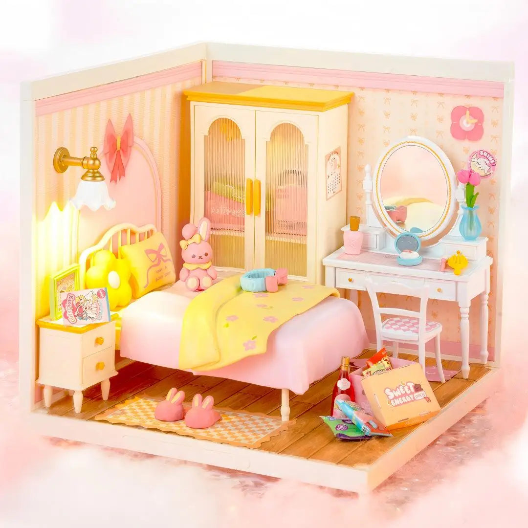 Pink bedroom miniature house DIY building kit, 1:24 scale model with furniture for display