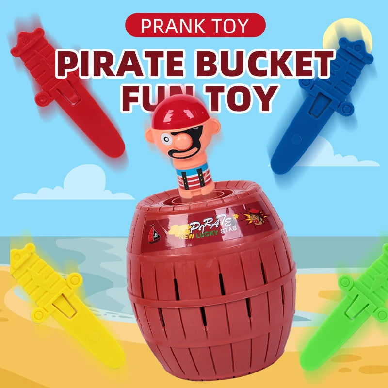 Pirate bucket prank game with swords and snapping shark, finger-biting party toy for kids