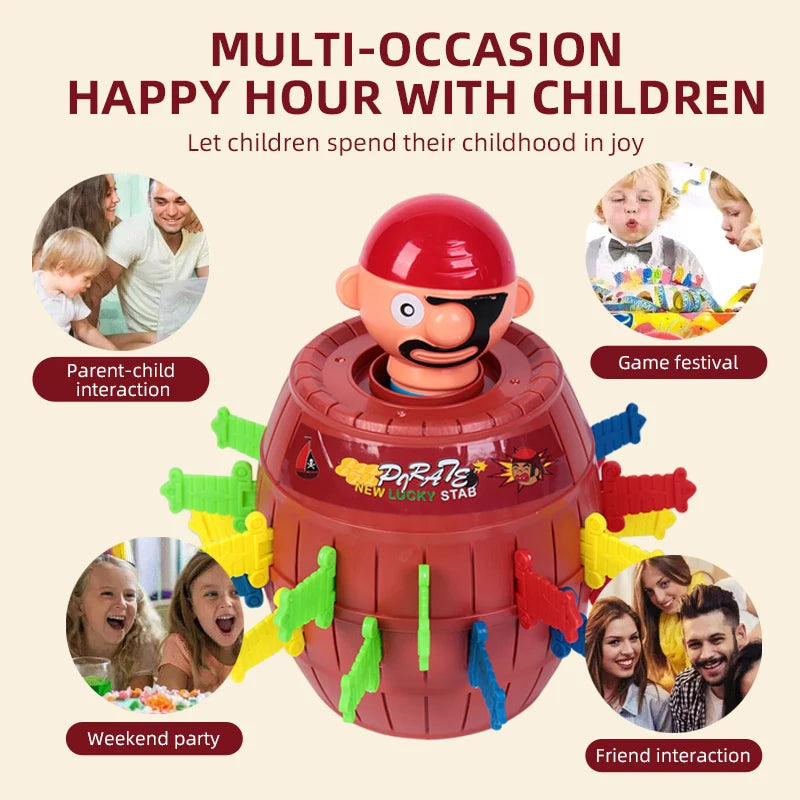 Pirate bucket prank game with swords and snapping shark, finger-biting party toy for kids