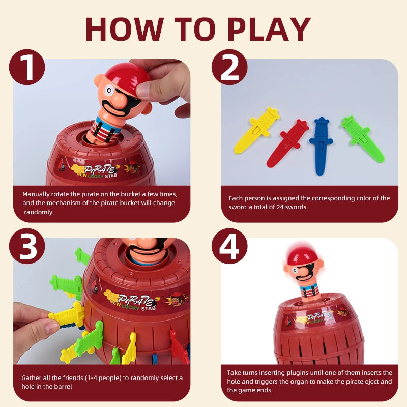 Pirate bucket prank game with swords and snapping shark, finger-biting party toy for kids