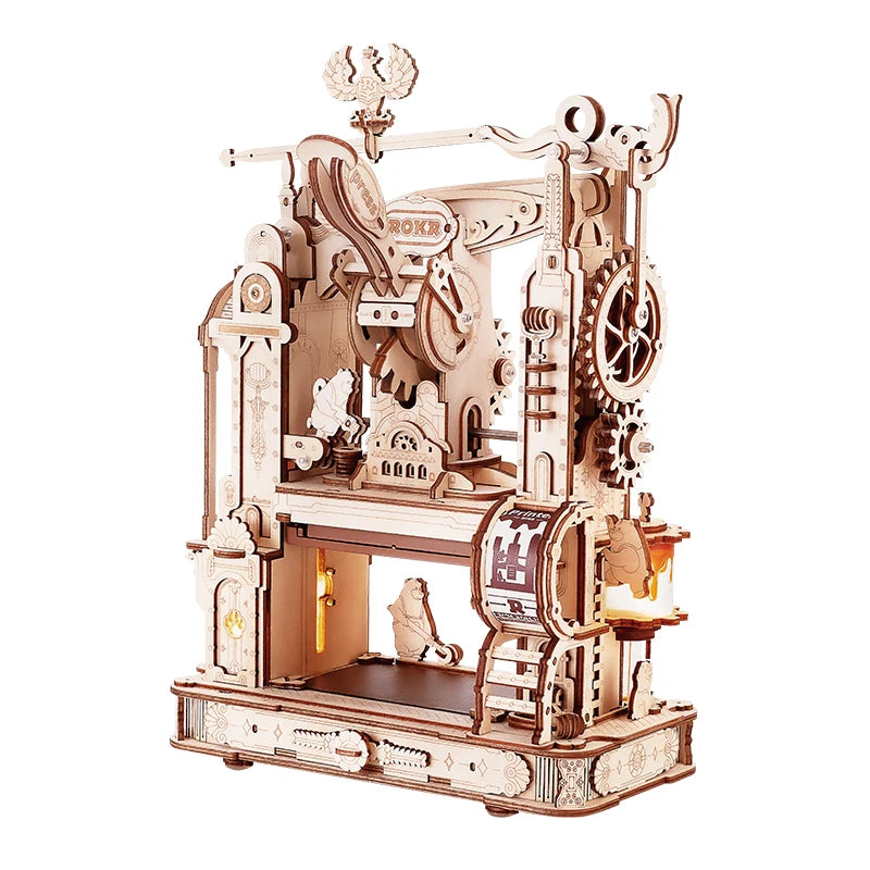 3D wooden printing press puzzle building kit with LED light, mechanical DIY model