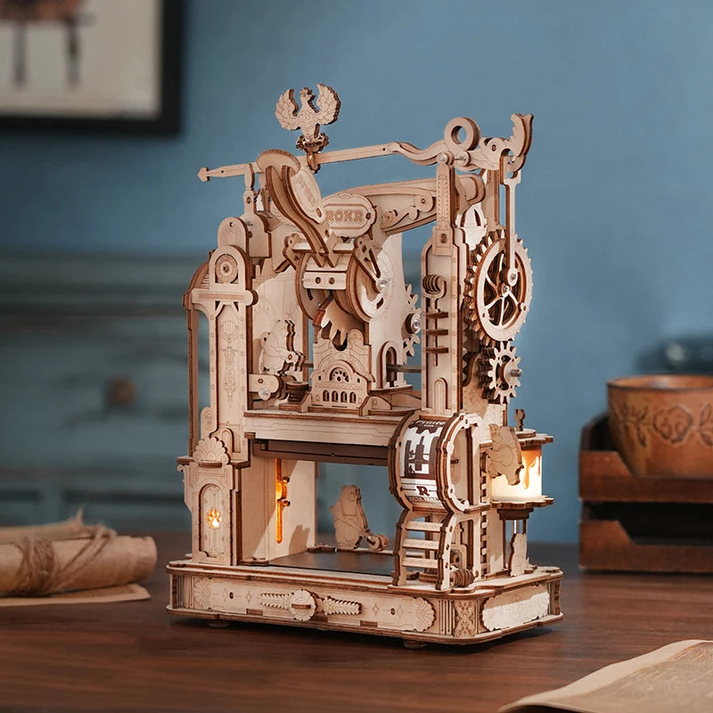 3D wooden printing press puzzle building kit with LED light, mechanical DIY model