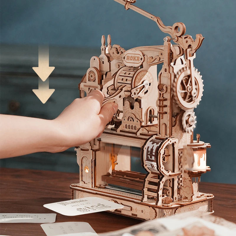 3D wooden printing press puzzle building kit with LED light, mechanical DIY model