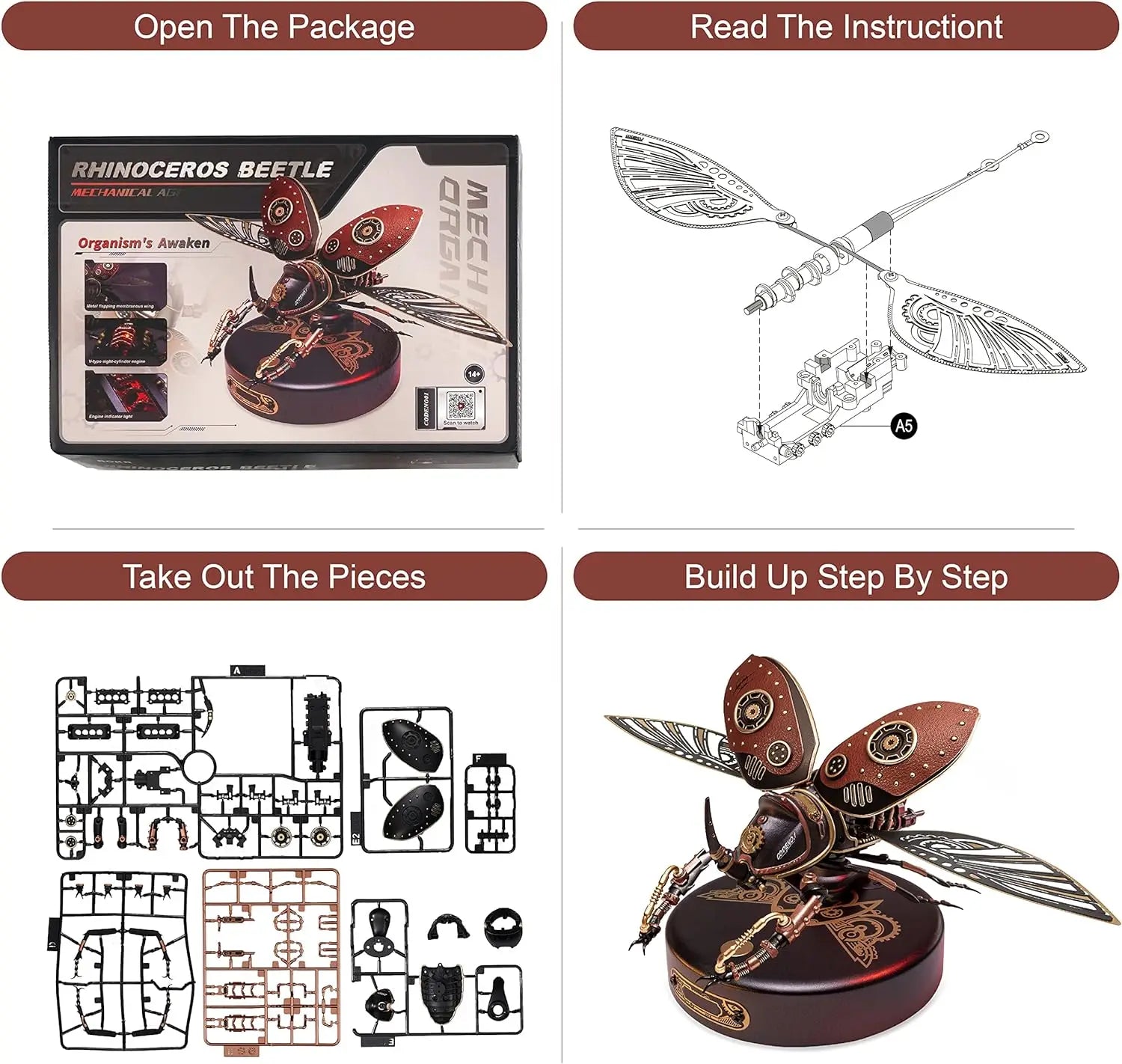 3D metal rhinoceros beetle puzzle, mechanical DIY model building kit