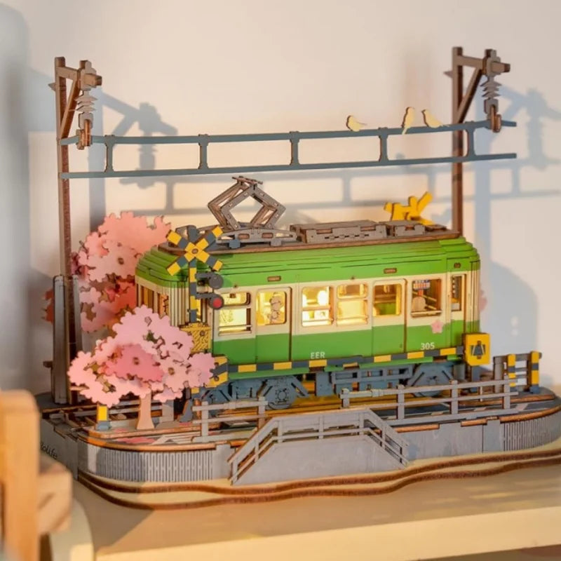 Sakura cherry blossom tram 3D wooden puzzle model kit with LED lights, home decor display
