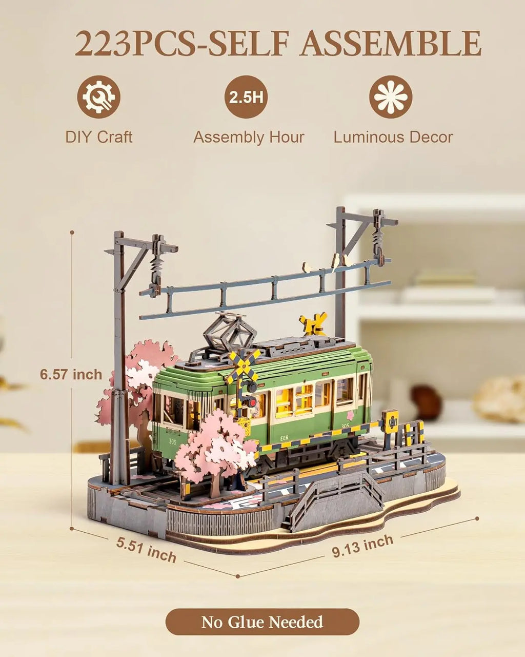 Sakura cherry blossom tram 3D wooden puzzle model kit with LED lights, home decor display