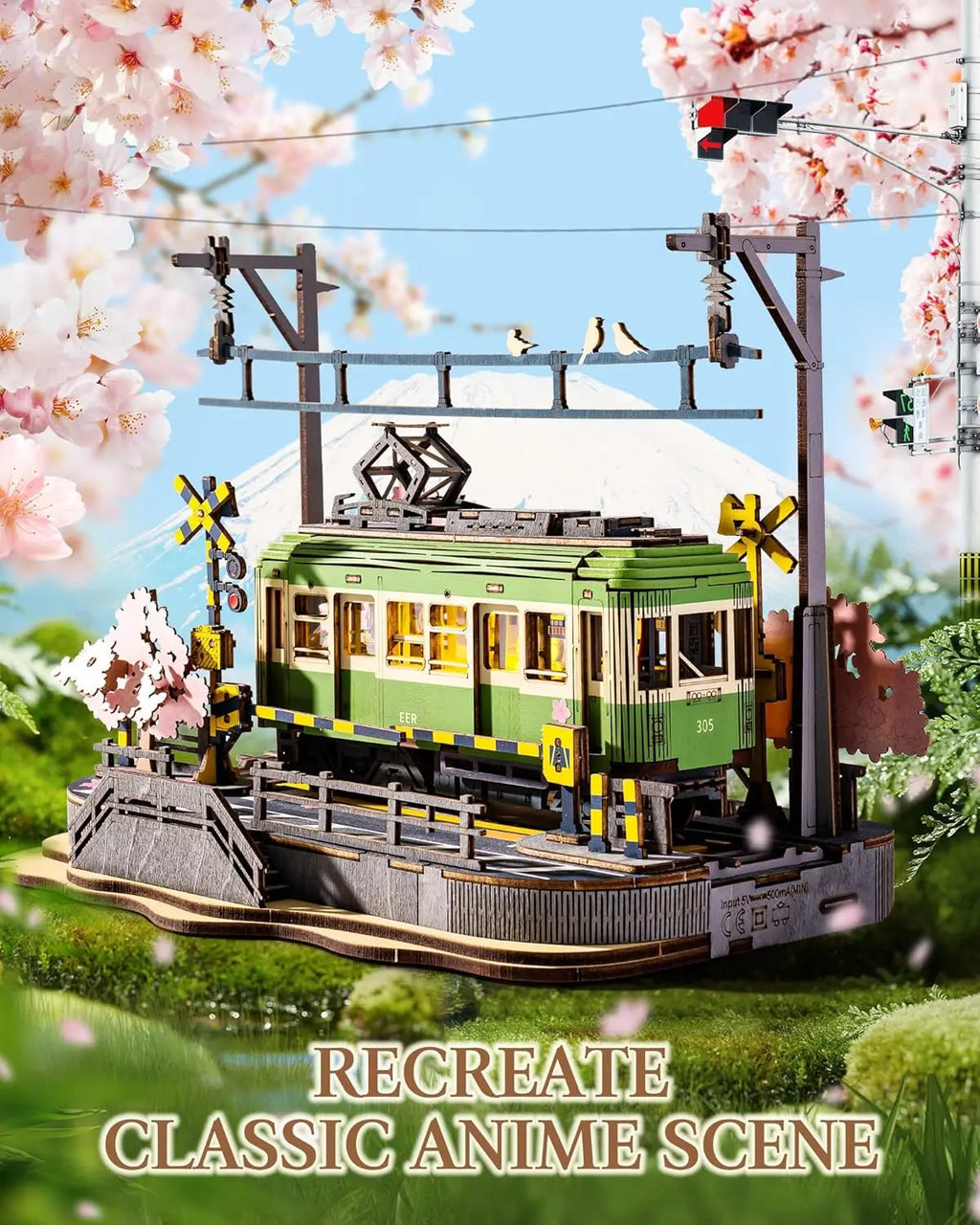 Sakura cherry blossom tram 3D wooden puzzle model kit with LED lights, home decor display
