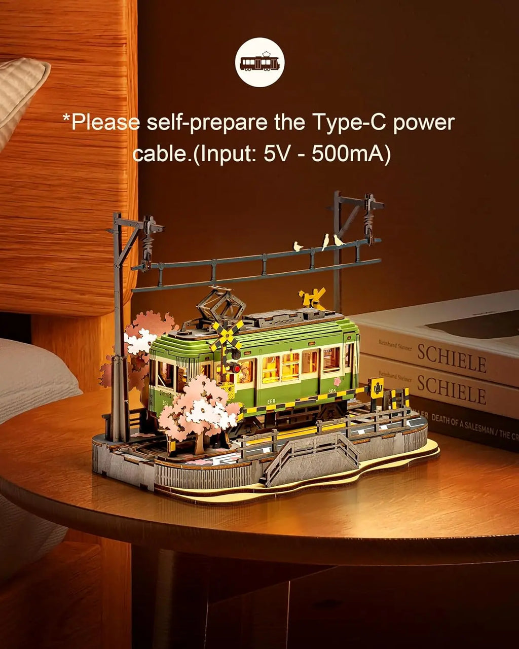 Sakura cherry blossom tram 3D wooden puzzle model kit with LED lights, home decor display