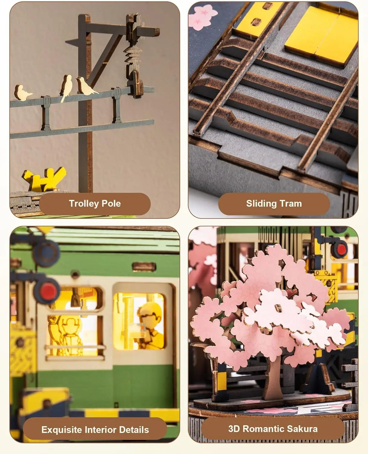 Sakura cherry blossom tram 3D wooden puzzle model kit with LED lights, home decor display