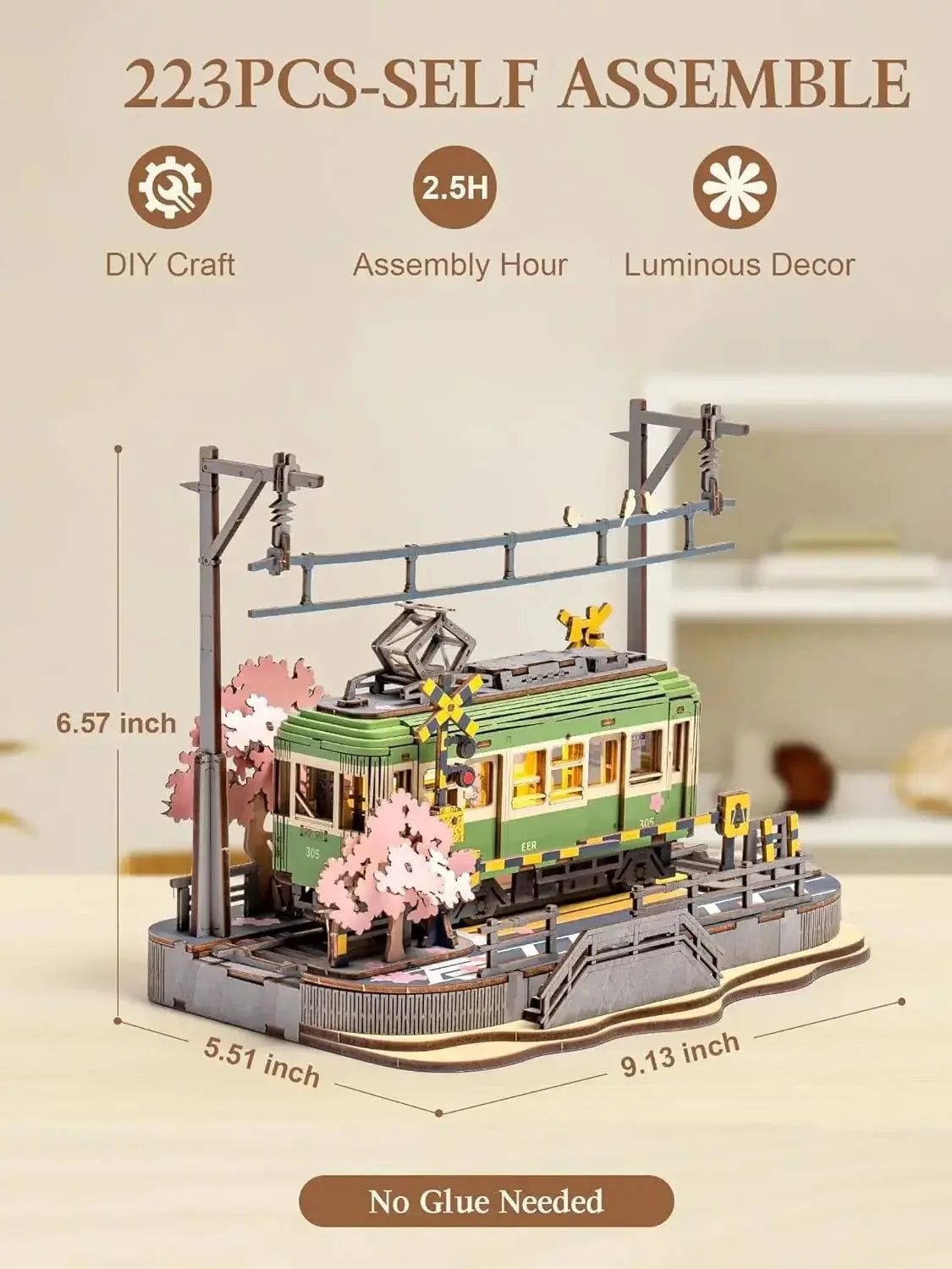 Sakura cherry blossom tram 3D wooden puzzle model kit with LED lights, home decor display