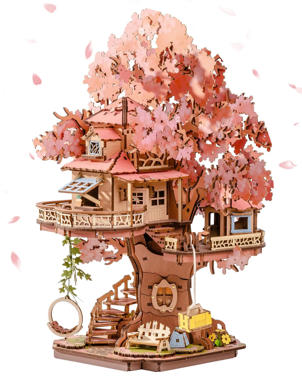 Sakura cherry blossom tree house 3D wooden puzzle model kit with swing stairs, home decor