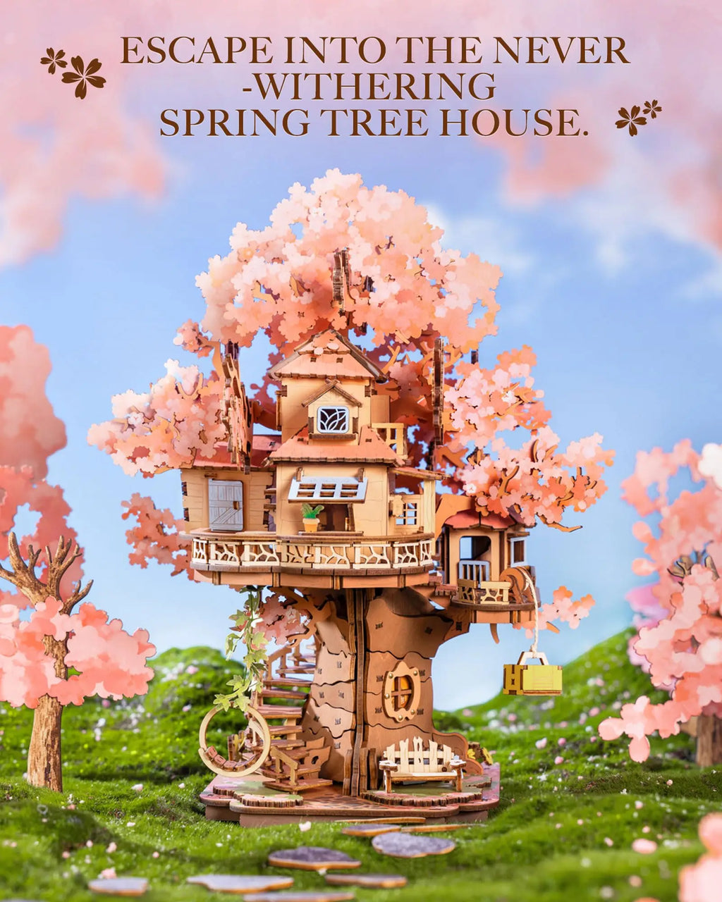 Sakura cherry blossom tree house 3D wooden puzzle model kit with swing stairs, home decor