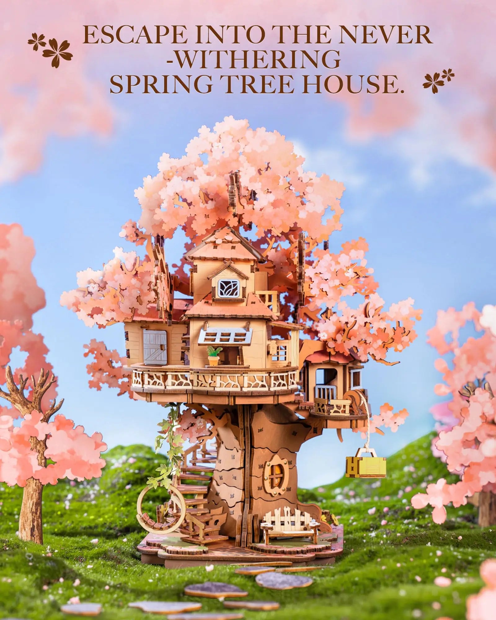 Sakura cherry blossom tree house 3D wooden puzzle model kit with swing stairs, home decor