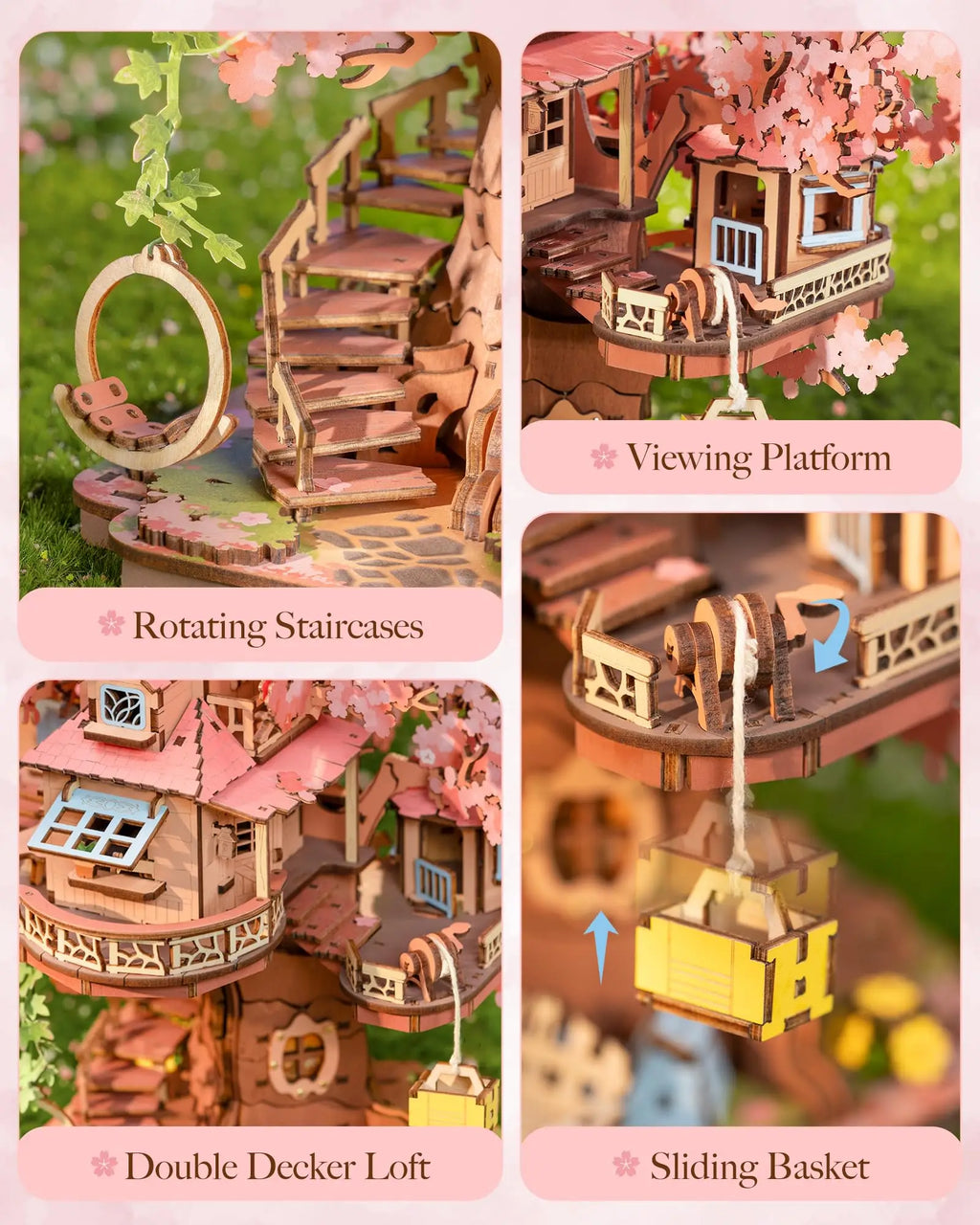 Sakura cherry blossom tree house 3D wooden puzzle model kit with swing stairs, home decor
