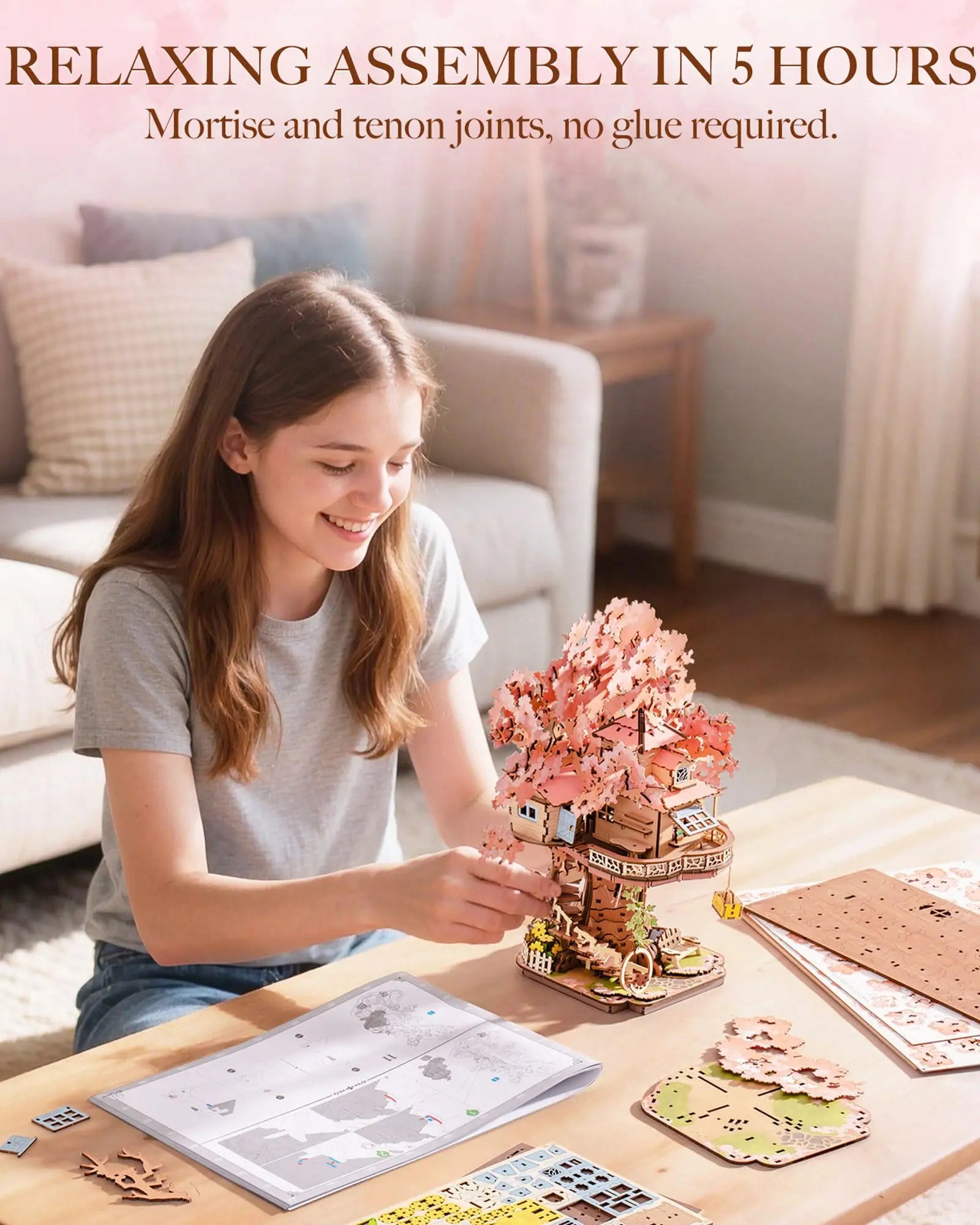 Sakura cherry blossom tree house 3D wooden puzzle model kit with swing stairs, home decor