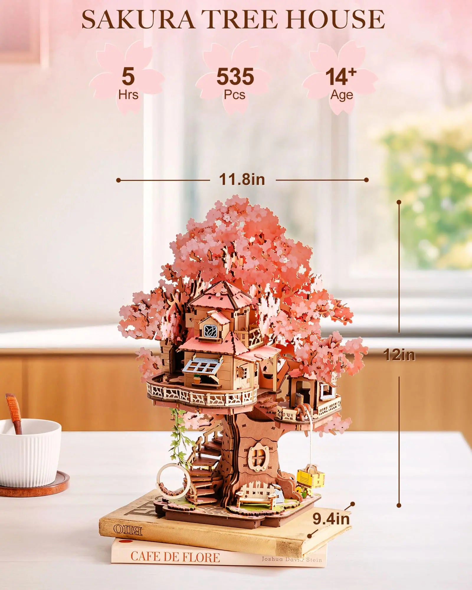 Sakura cherry blossom tree house 3D wooden puzzle model kit with swing stairs, home decor