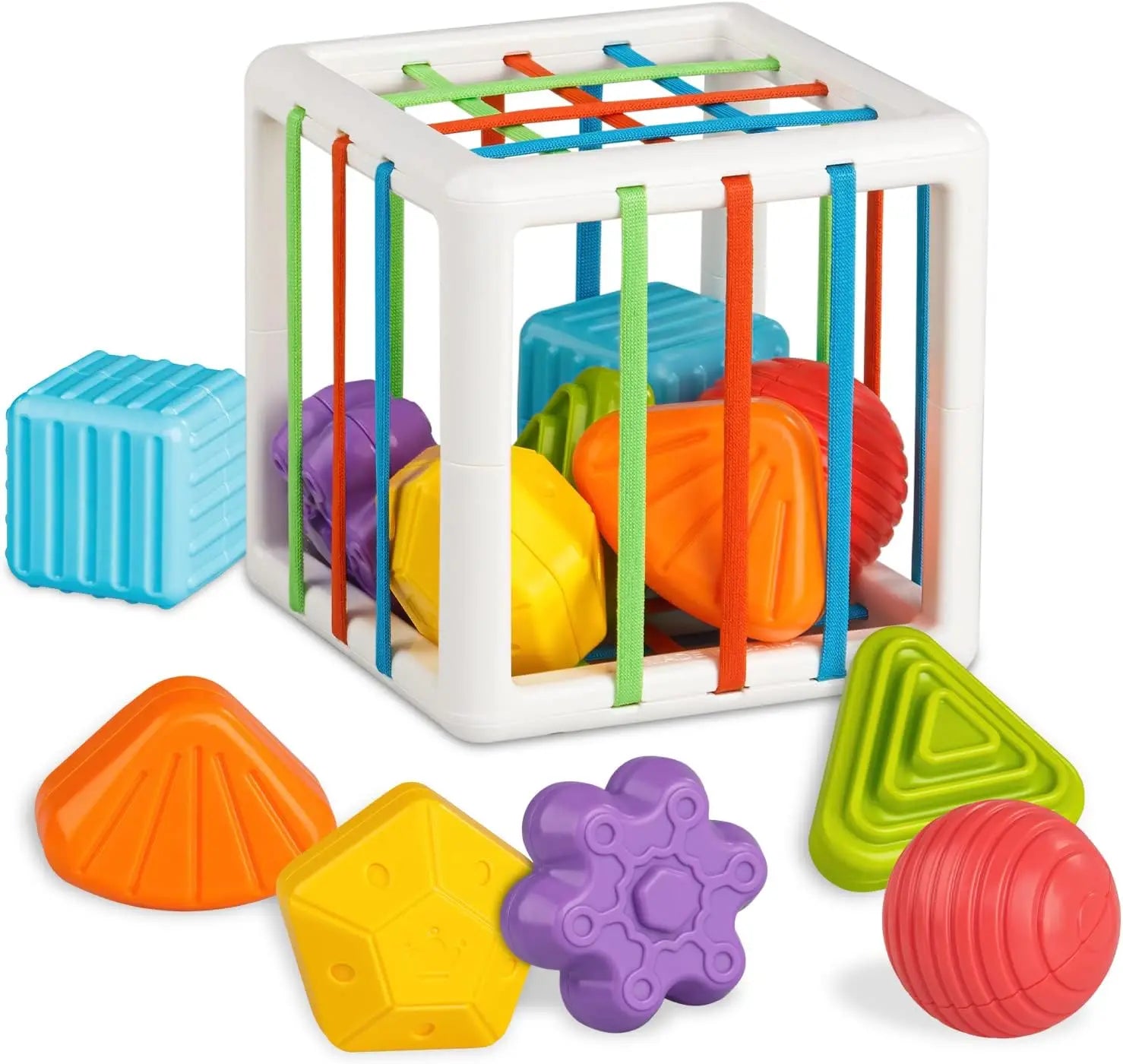 Sensory shape sorting cube toy with textured blocks for toddlers learning