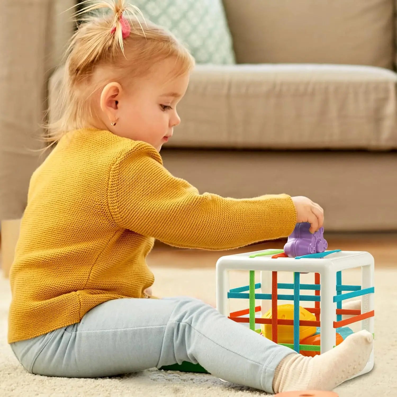 Sensory shape sorting cube toy with textured blocks for toddlers learning