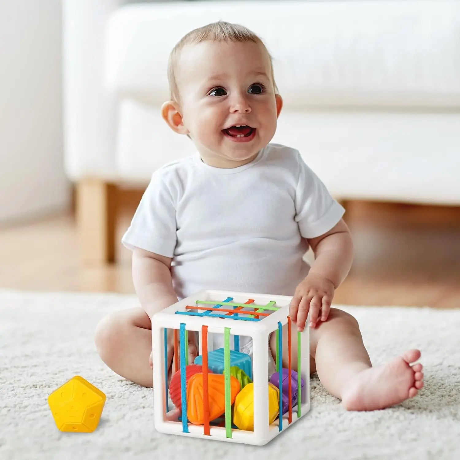 Sensory shape sorting cube toy with textured blocks for toddlers learning