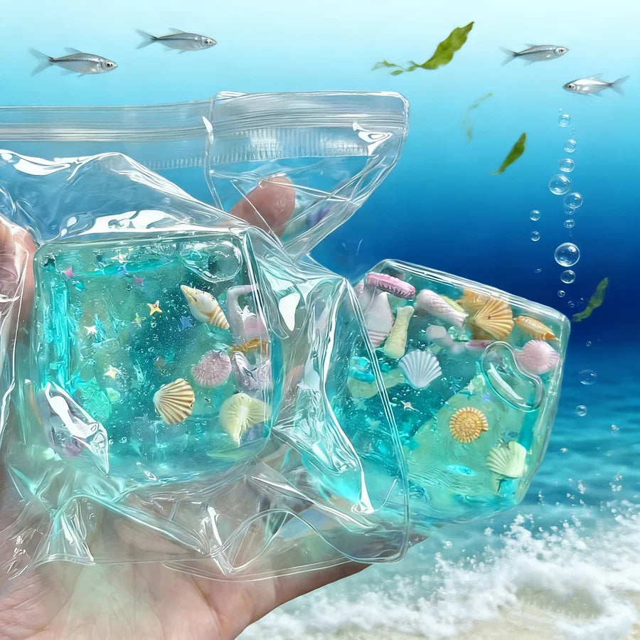 Squishy sea breeze ice cube fidget toy with mini shells and starfish, sensory stress relief