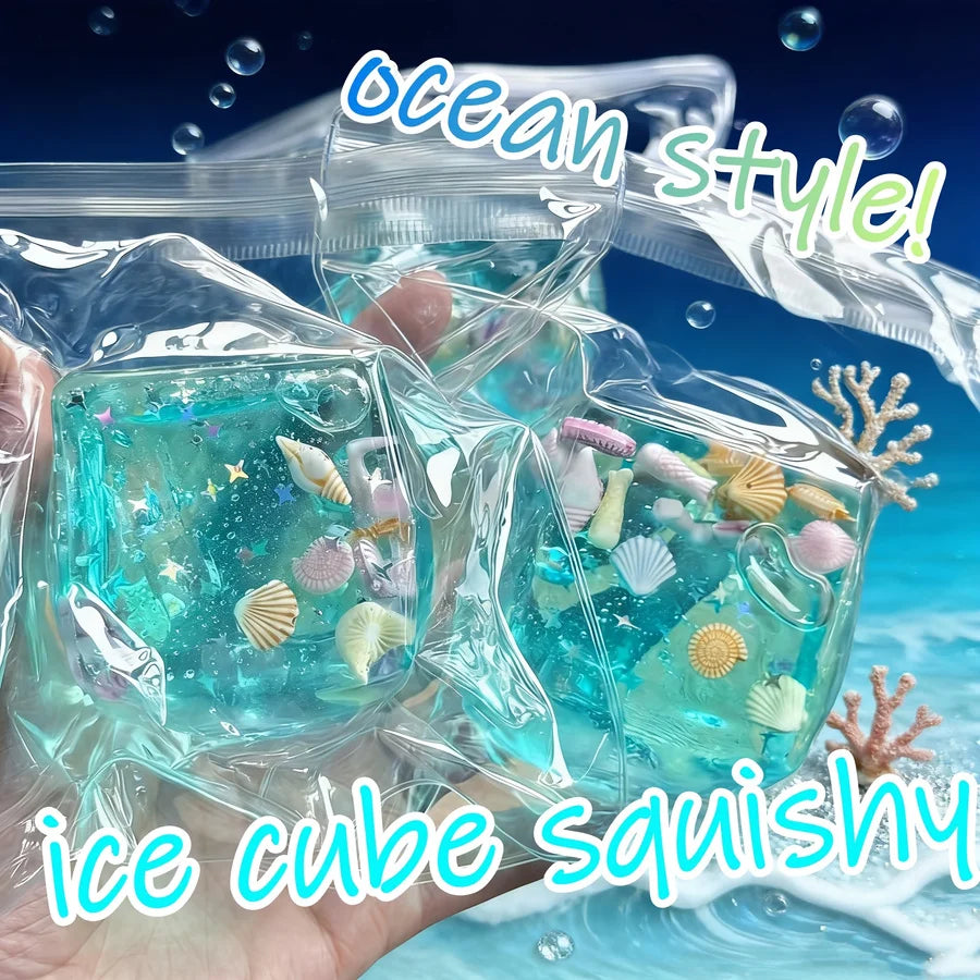Squishy sea breeze ice cube fidget toy with mini shells and starfish, sensory stress relief