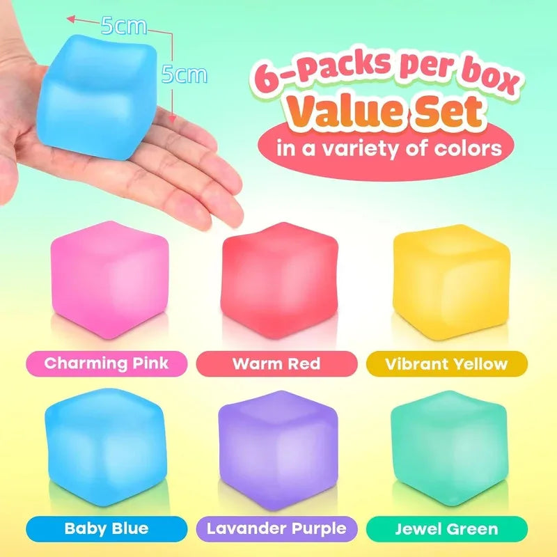 Gel-filled squishy stress cube fidget toy for sensory calming, held in hand