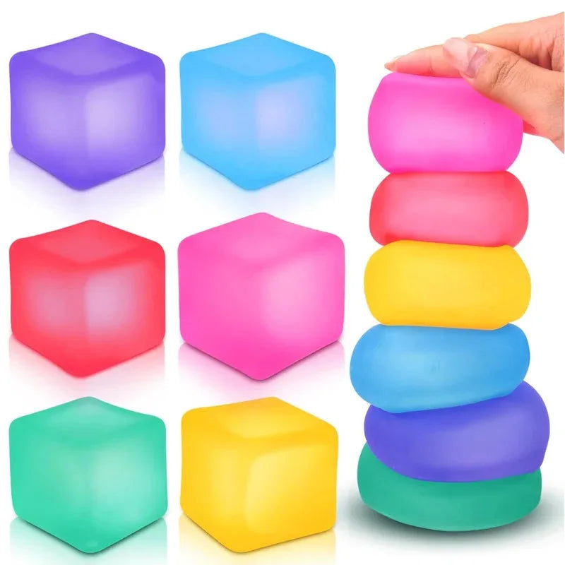 Gel-filled squishy stress cube fidget toy for sensory calming, held in hand