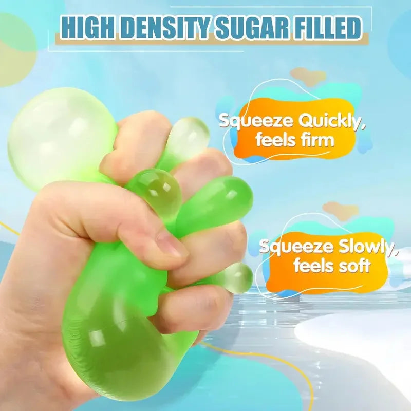 Gel-filled squishy stress cube fidget toy for sensory calming, held in hand