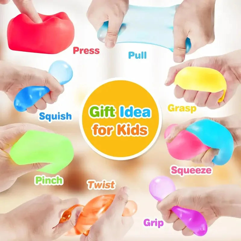 Gel-filled squishy stress cube fidget toy for sensory calming, held in hand