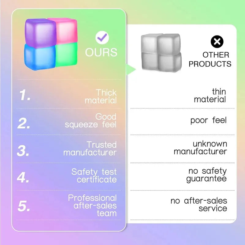 Gel-filled squishy stress cube fidget toy for sensory calming, held in hand