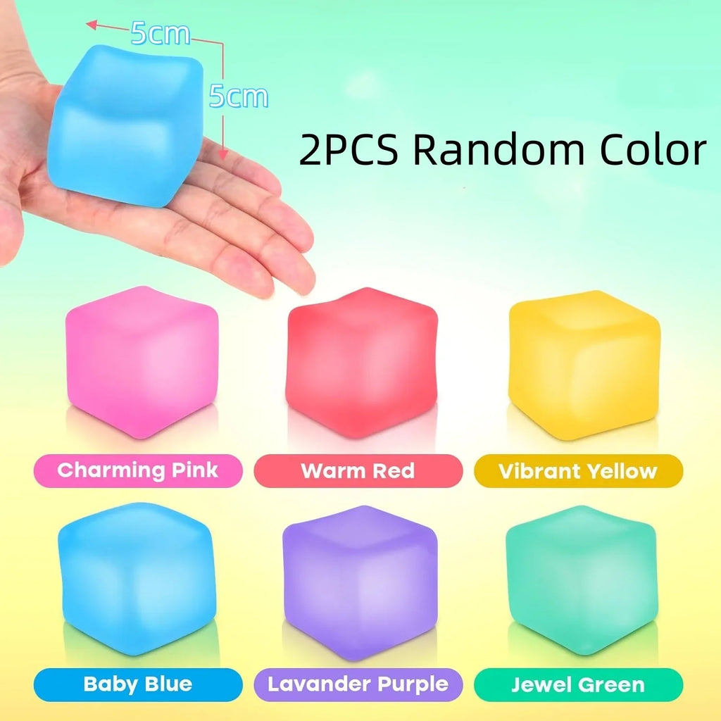 Gel-filled squishy stress cube fidget toy for sensory calming, held in hand