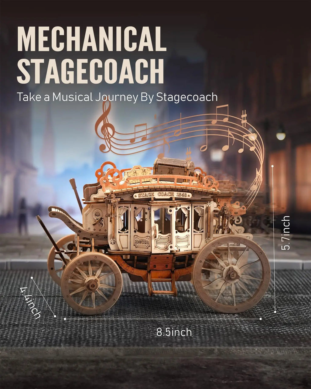 Stagecoach wooden music box 3D puzzle model kit, hand-built melody display for adults